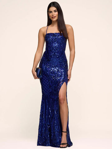 Elegant Mermaid Halter Neck 3D Floral Embroidery High Slit Glittering Formal Evening Gown