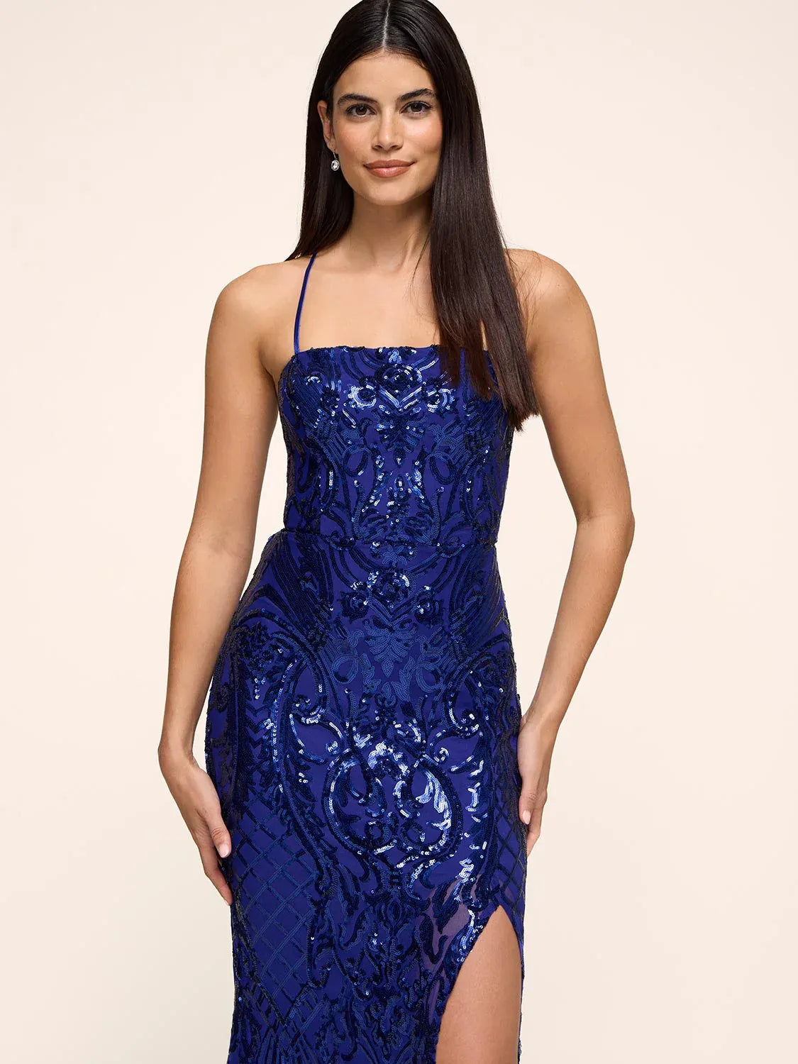Elegant Mermaid Halter Neck 3D Floral Embroidery High Slit Glittering Formal Evening Gown