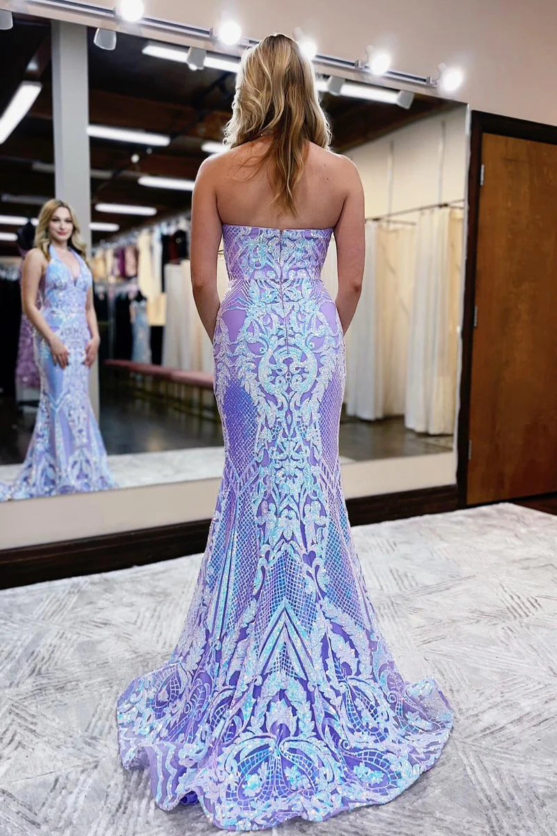 Encantador vestido de fiesta largo con cola, cuello halter, lentejuelas, encaje y capa de tul de sirena