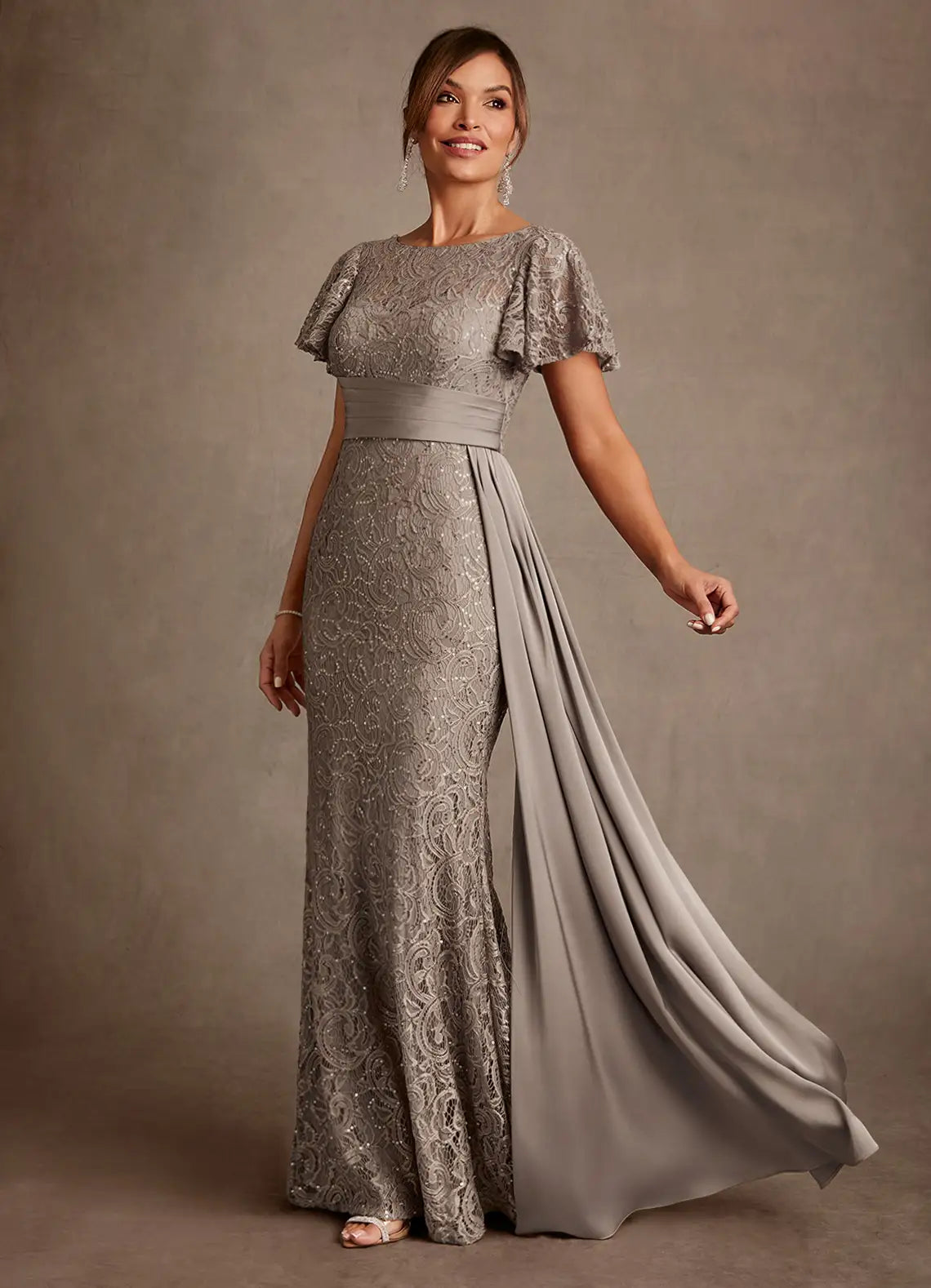 Gorgeous Mermaid Jewel Neck Lace Maxi Formal Mother of the Bride Dress With Sash
