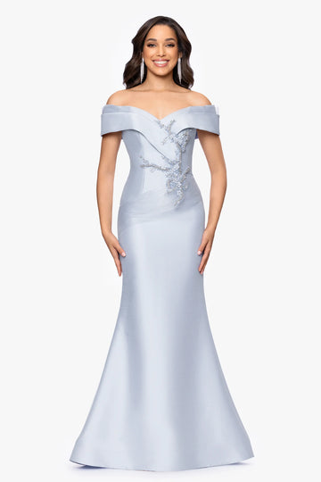 Elegant Mermaid Off-Shoulder Beaded Floral Appliqué Form-Fitting Gown Mother of the Bride Dress