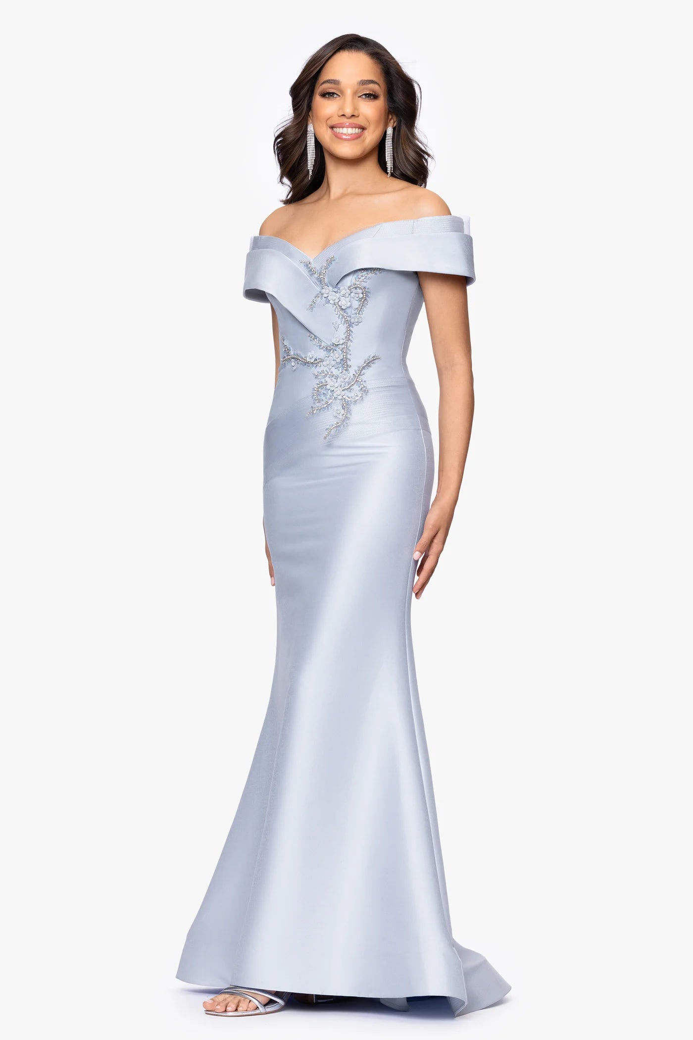 Elegant Mermaid Off-Shoulder Beaded Floral Appliqué Form-Fitting Gown Mother of the Bride Dress