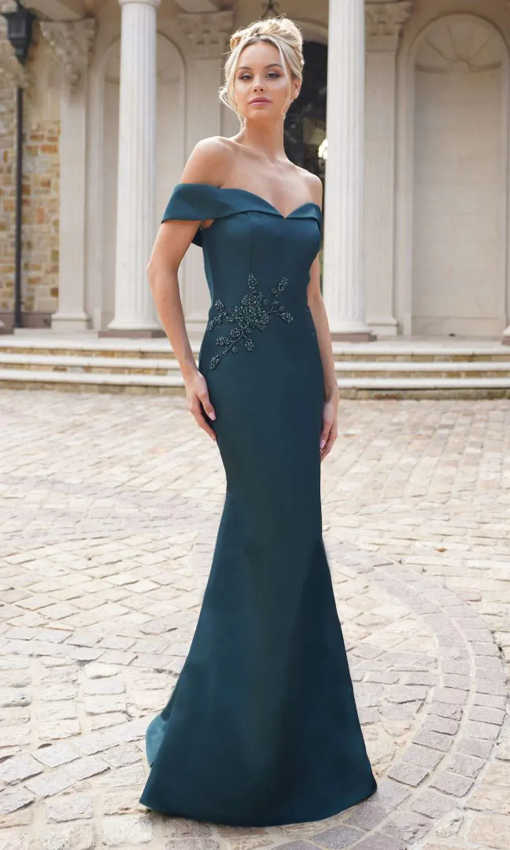 Elegant Mermaid Off-the-Shoulder Satin Maxi Dress Beaded Floor Length Evening Dress