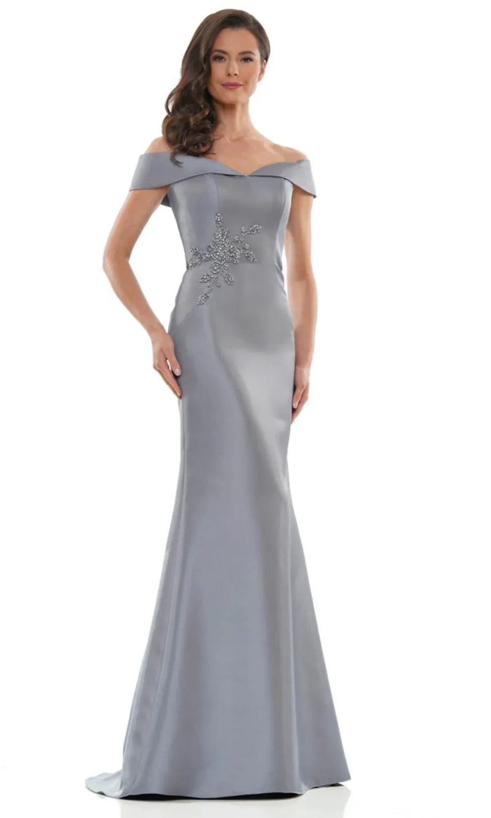 Elegant Mermaid Off-the-Shoulder Satin Maxi Dress Beaded Floor Length Evening Dress