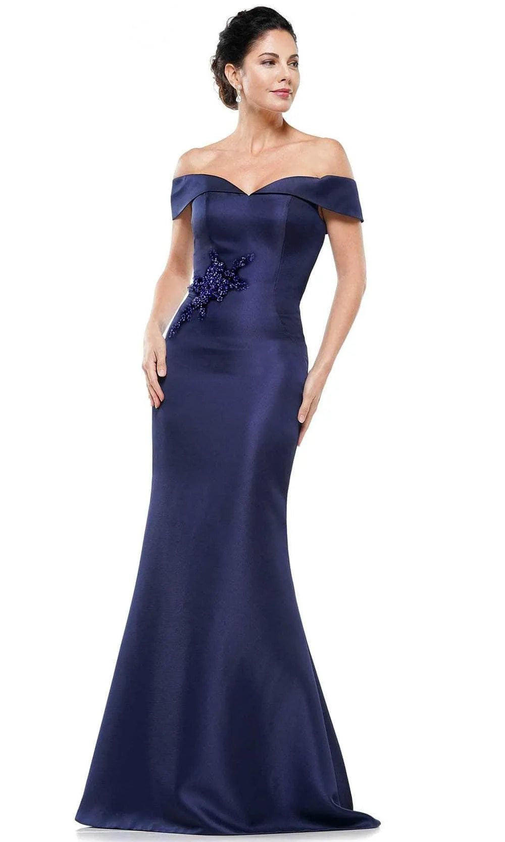 Elegant Mermaid Off-the-Shoulder Satin Maxi Dress Beaded Floor Length Evening Dress
