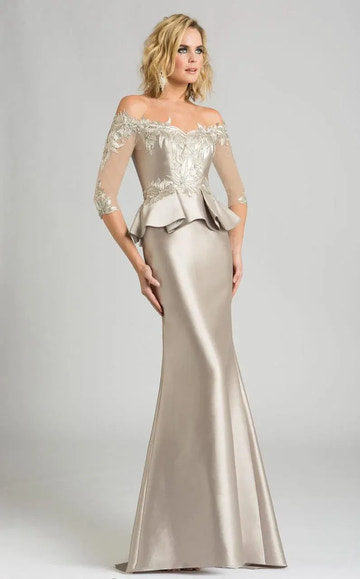 Elegante vestido de noche largo de satén con abalorios, escote barco y media manga, estilo sirena