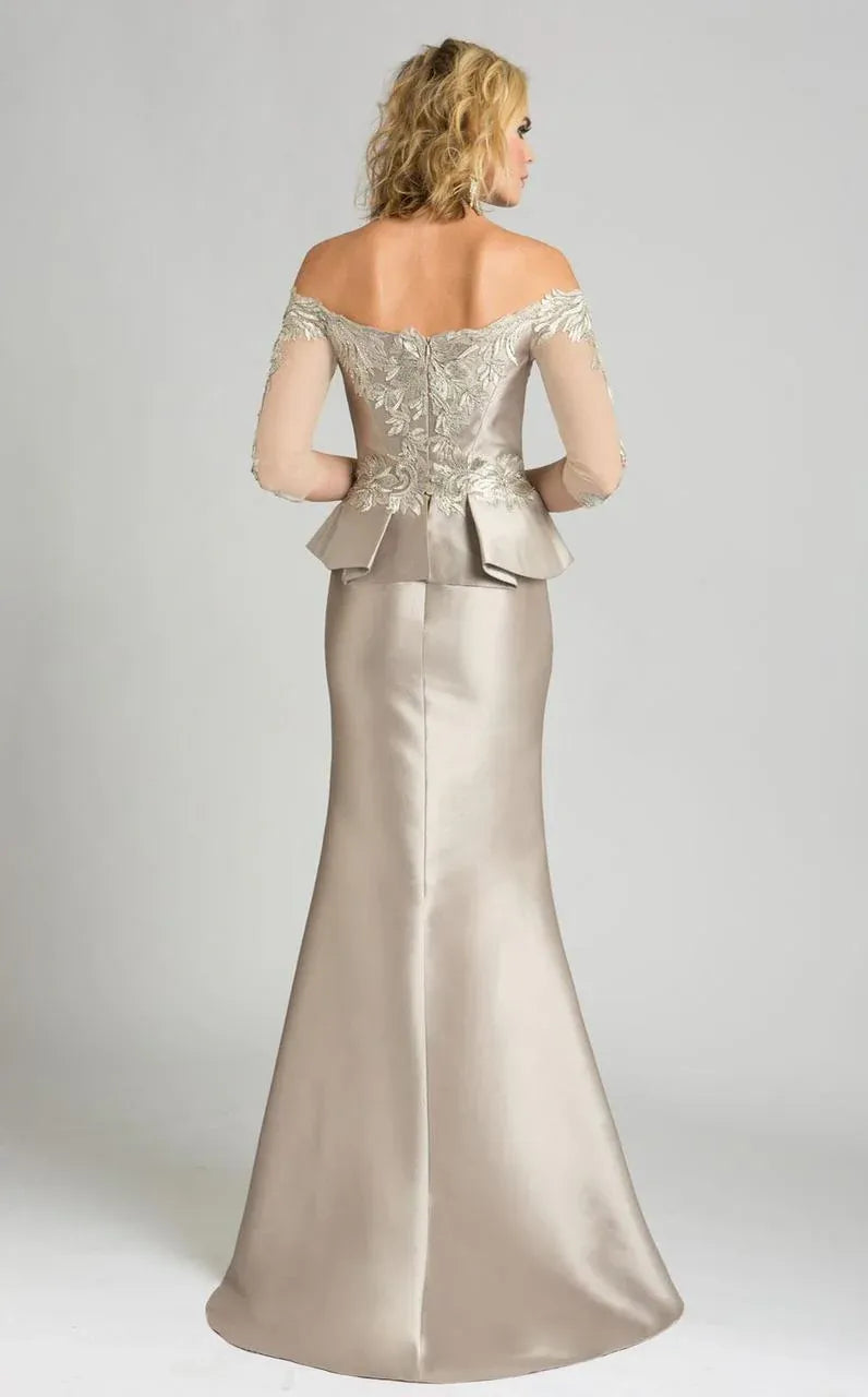 Elegant Mermaid Off-the-Shoulder Satin Beaded Maxi Dress Half Seeve Evening Dress