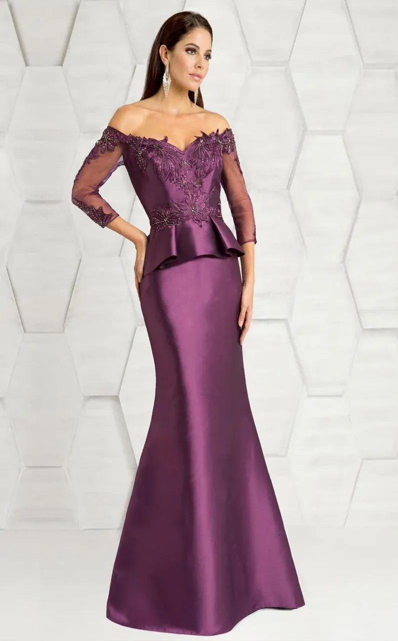 Elegant Mermaid Off-the-Shoulder Satin Beaded Maxi Dress Half Seeve Evening Dress