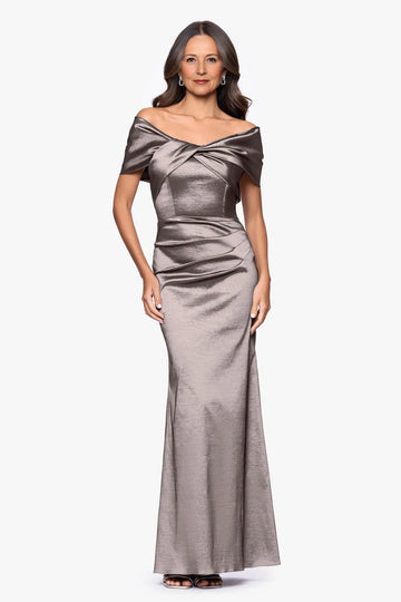 Elegant Mermaid Off-the-Shoulder Twisted-Bodice Satin Formal Gown Mother of the Bride Dress
