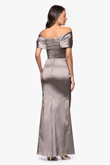 Elegant Mermaid Off-the-Shoulder Twisted-Bodice Satin Formal Gown Mother of the Bride Dress