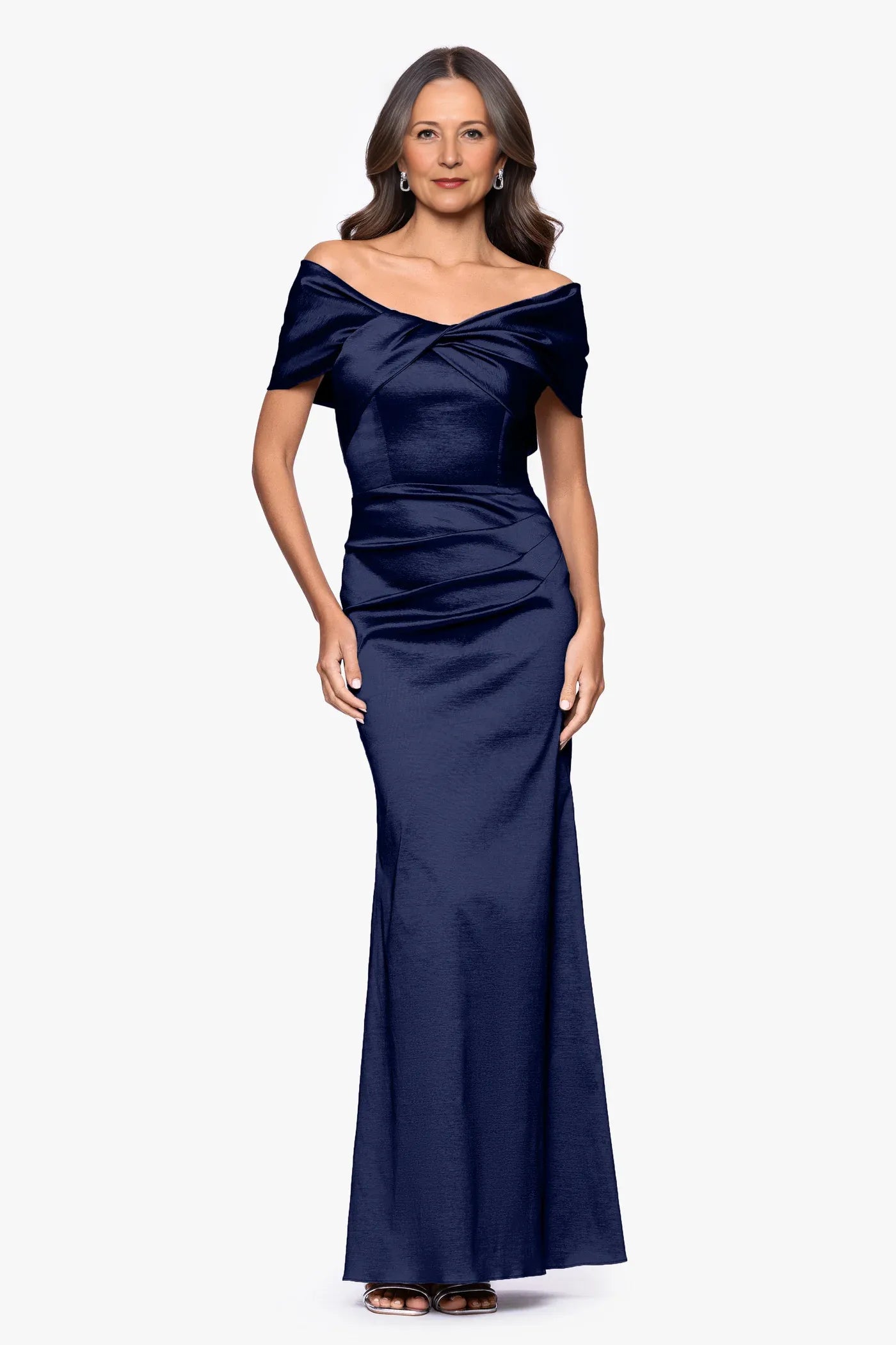 Elegant Mermaid Off-the-Shoulder Twisted-Bodice Satin Formal Gown Mother of the Bride Dress