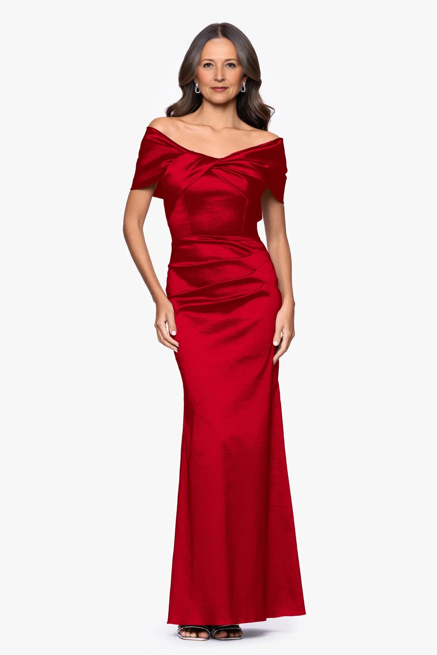 Elegant Mermaid Off-the-Shoulder Twisted-Bodice Satin Formal Gown Mother of the Bride Dress