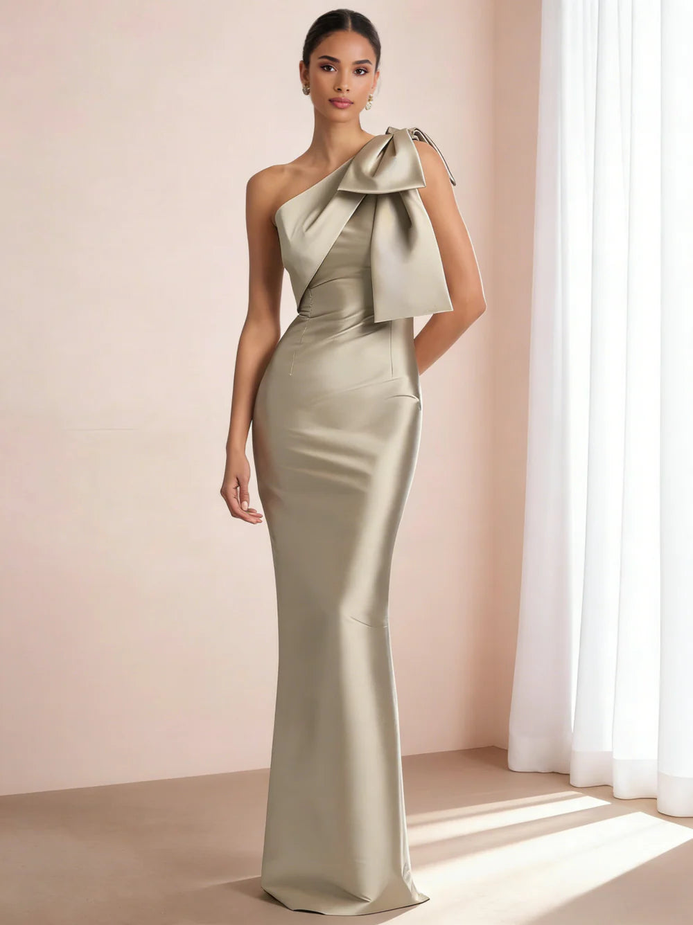 Mermaid One-Shoulder Strapless With Shoulder Bow High-Slit Formal Evening Dress