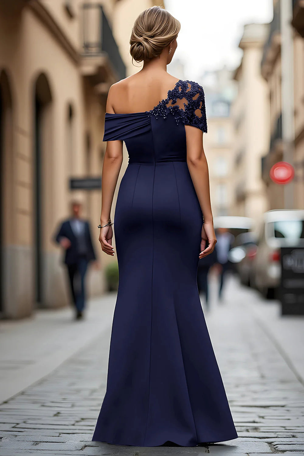 Glamorous Mermaid OneShoulder Asymmetrical Maxi Lace Beaded EveningGown
