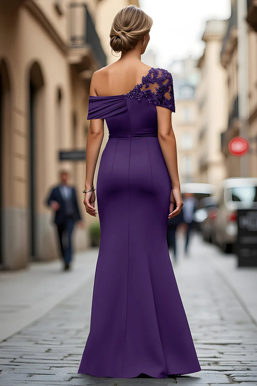 Glamorous Mermaid OneShoulder Asymmetrical Maxi Lace Beaded EveningGown