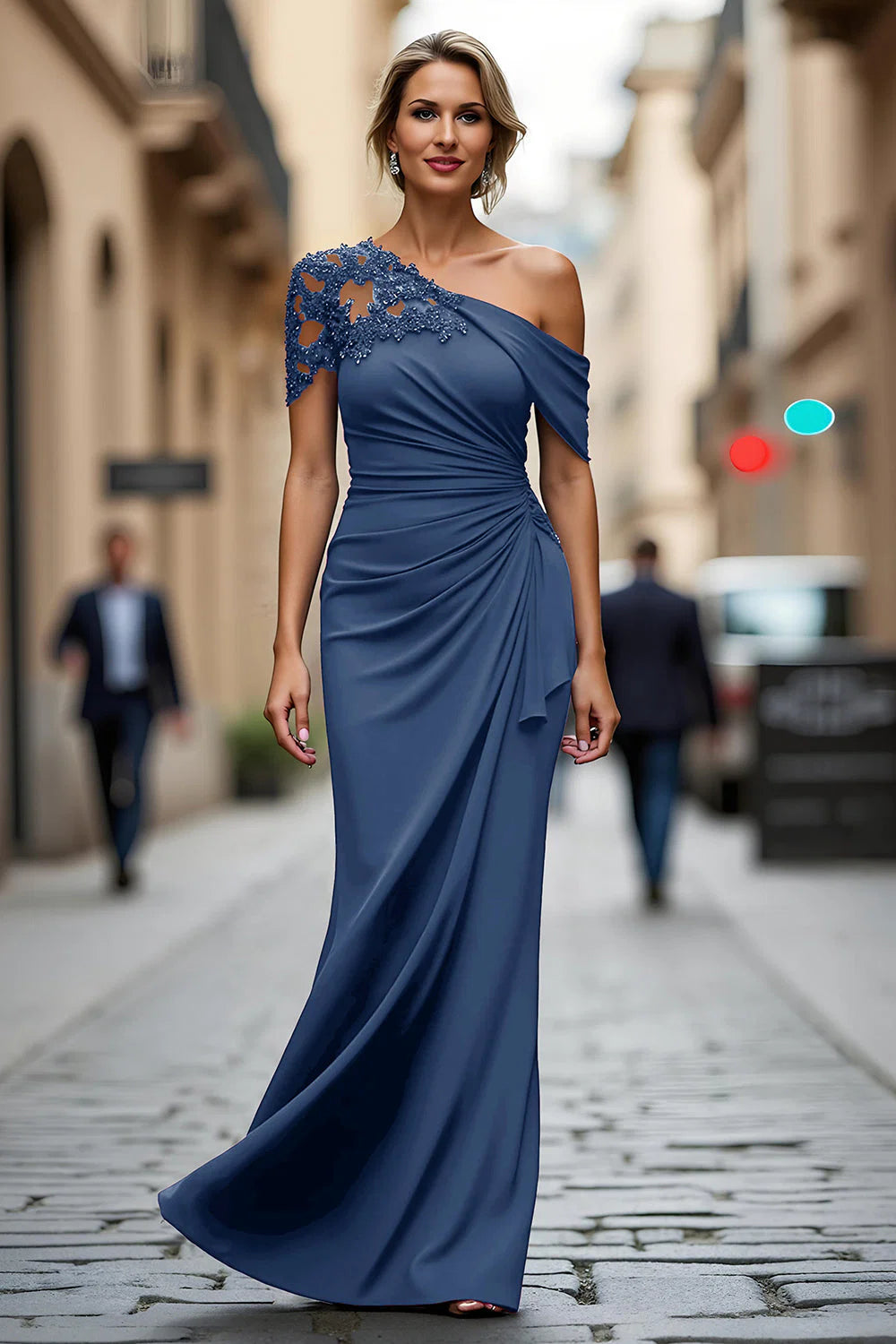 Glamorous Mermaid OneShoulder Asymmetrical Maxi Lace Beaded EveningGown