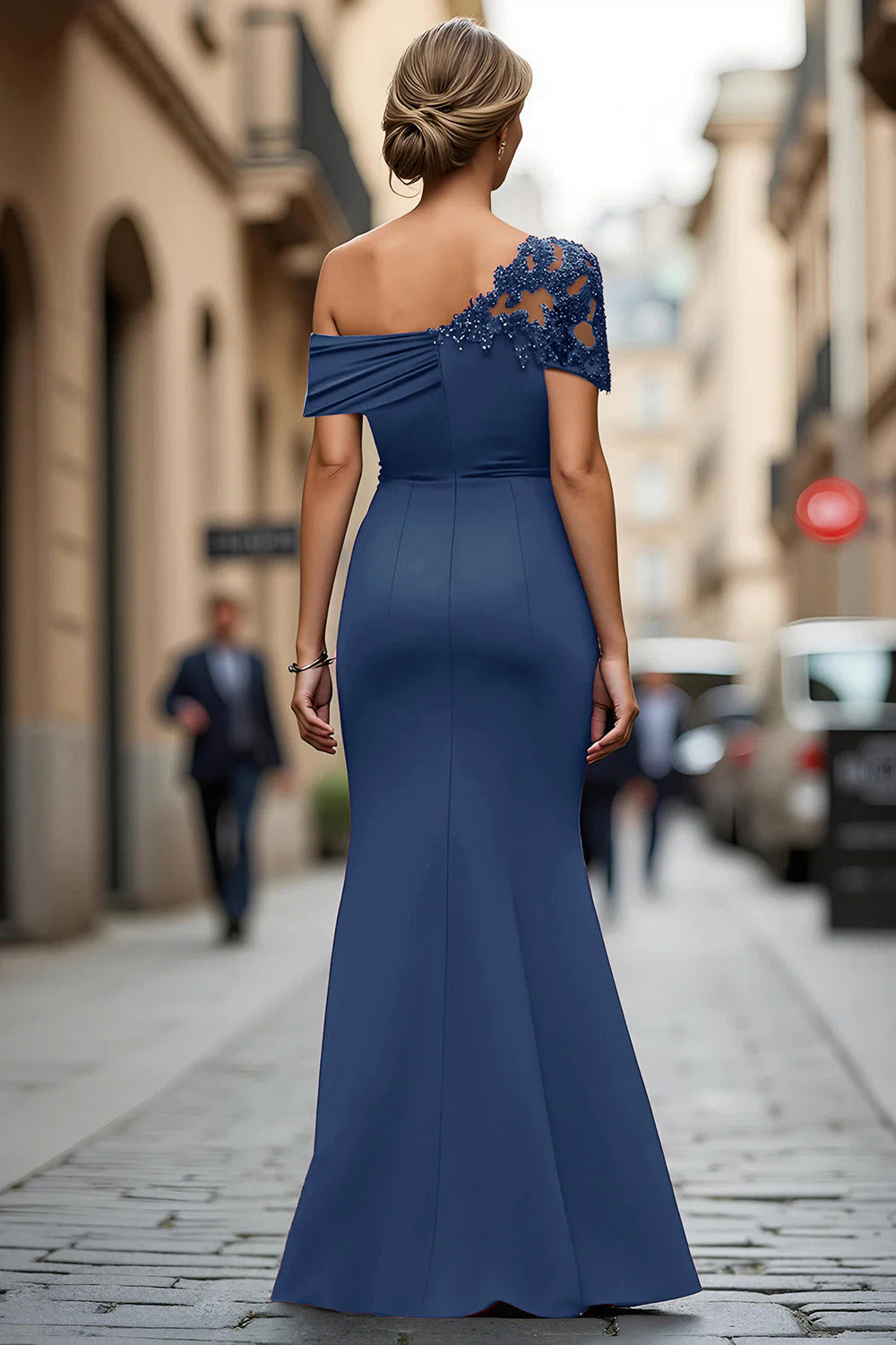 Glamorous Mermaid OneShoulder Asymmetrical Maxi Lace Beaded EveningGown