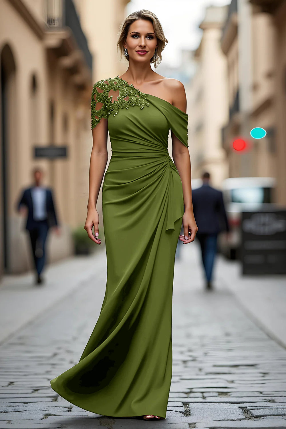 Glamorous Mermaid OneShoulder Asymmetrical Maxi Lace Beaded EveningGown