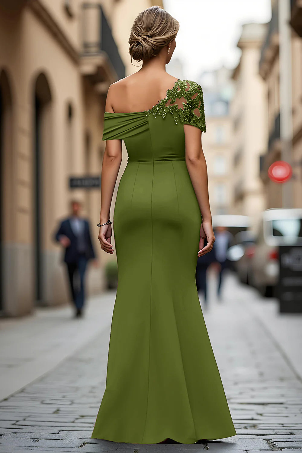 Glamorous Mermaid OneShoulder Asymmetrical Maxi Lace Beaded EveningGown