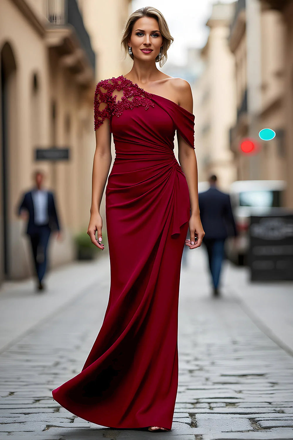 Glamorous Mermaid OneShoulder Asymmetrical Maxi Lace Beaded EveningGown