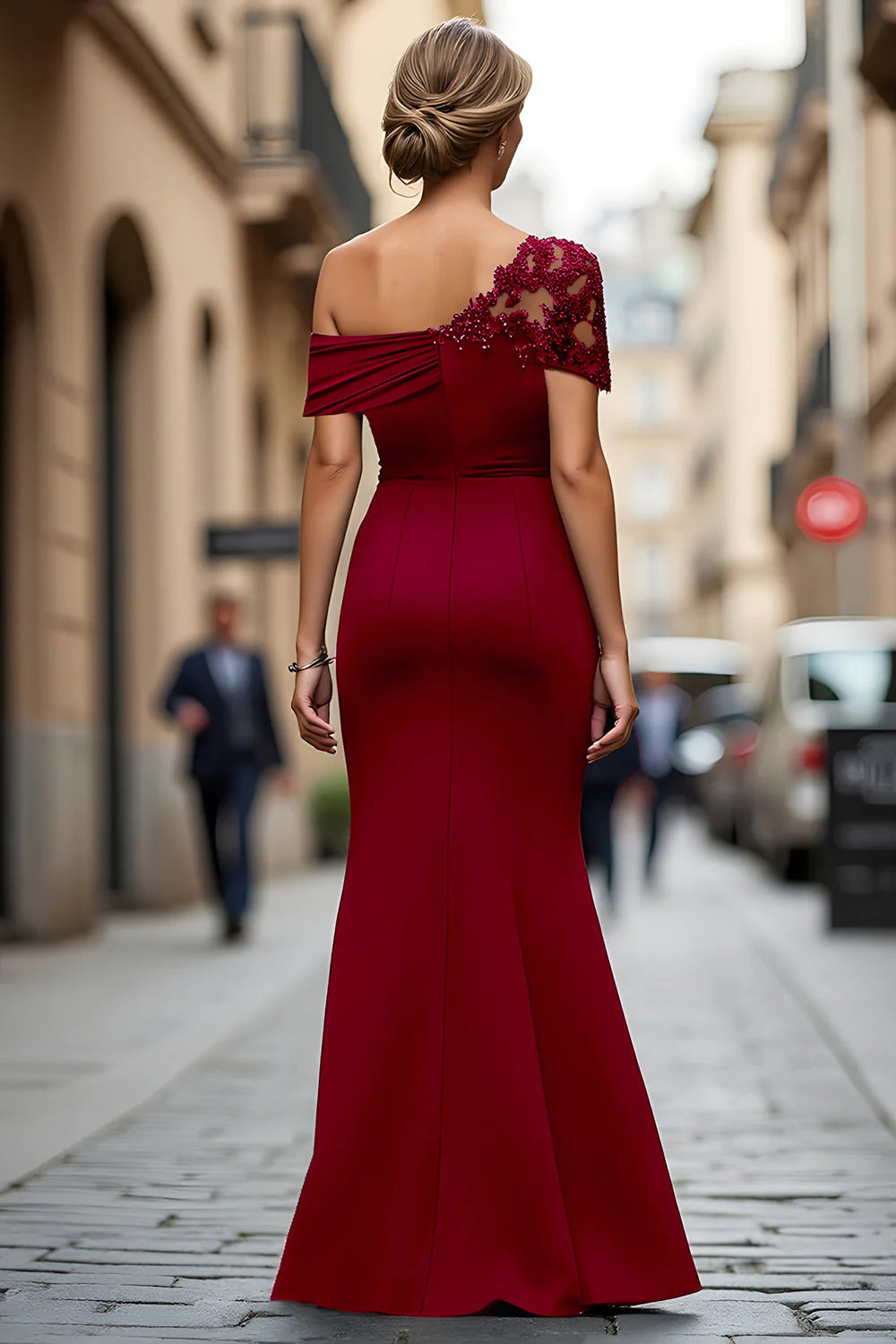 Glamorous Mermaid OneShoulder Asymmetrical Maxi Lace Beaded EveningGown