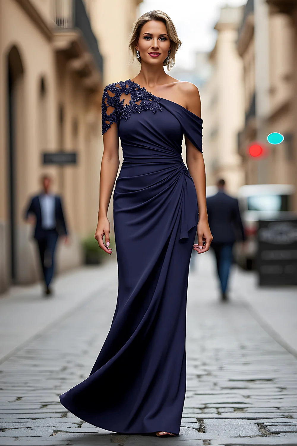 Glamorous Mermaid OneShoulder Asymmetrical Maxi Lace Beaded EveningGown