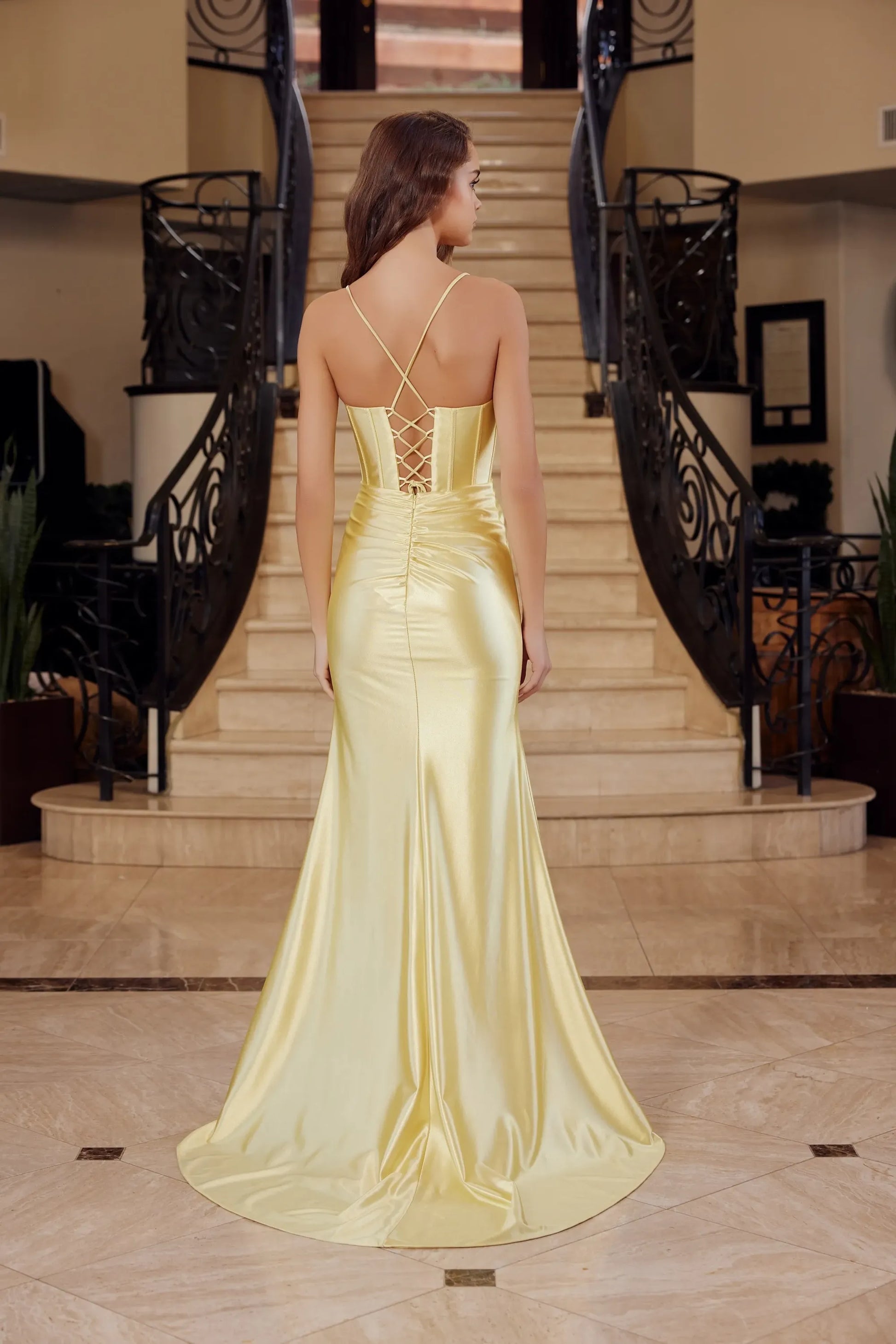 Mermaid Plunge Sleeveless Satin Floor-Length Slit Corset Evening Dress
