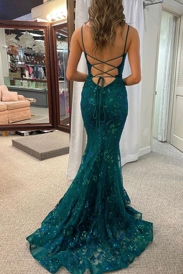 Mermaid Spaghetti Strap Sequin Embellished Floral Appliqué Backless Prom Dress