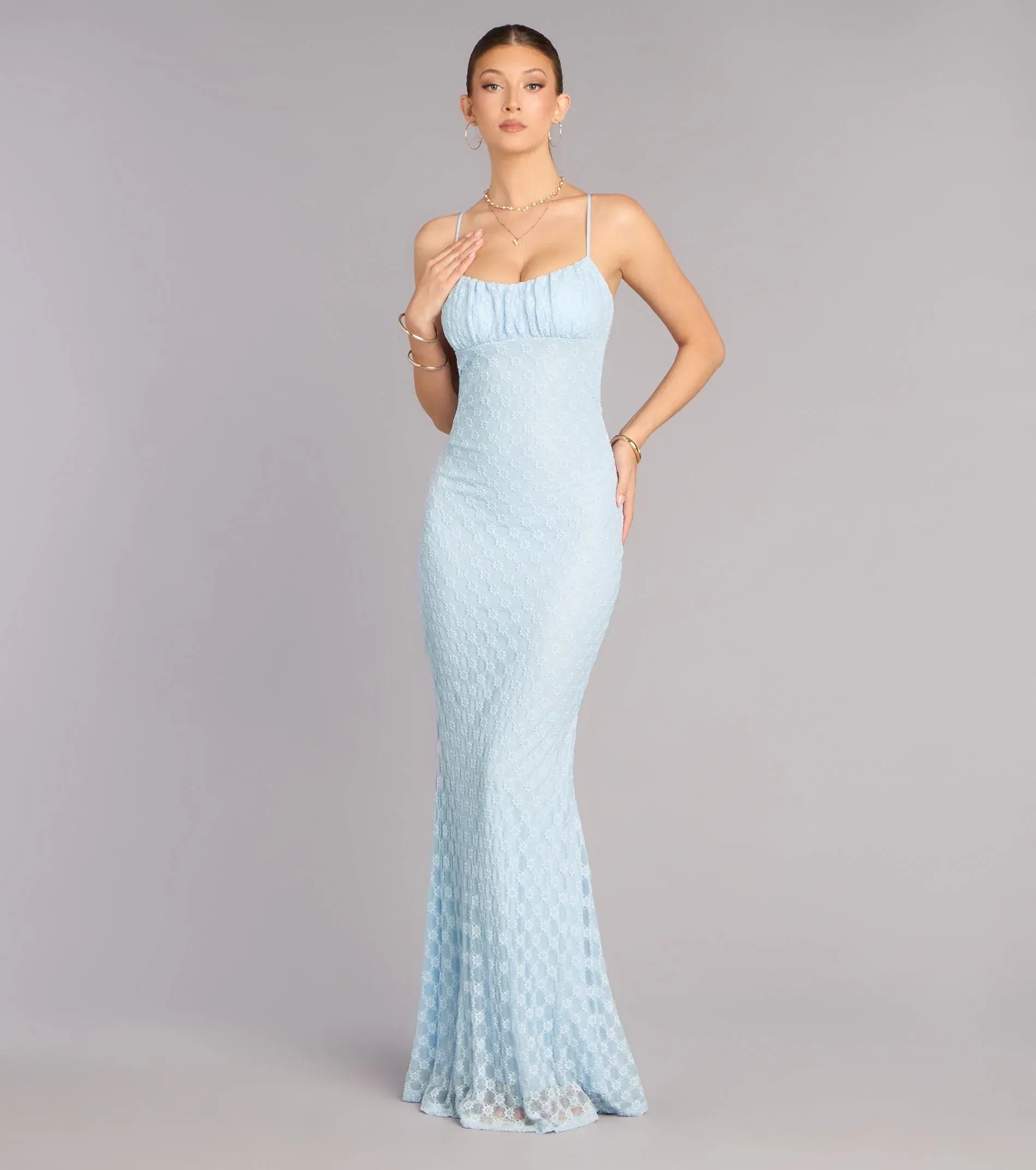 Feminine Mermaid Spaghetti Strap Sleeveless Lace Ruched Formal Evening Dress