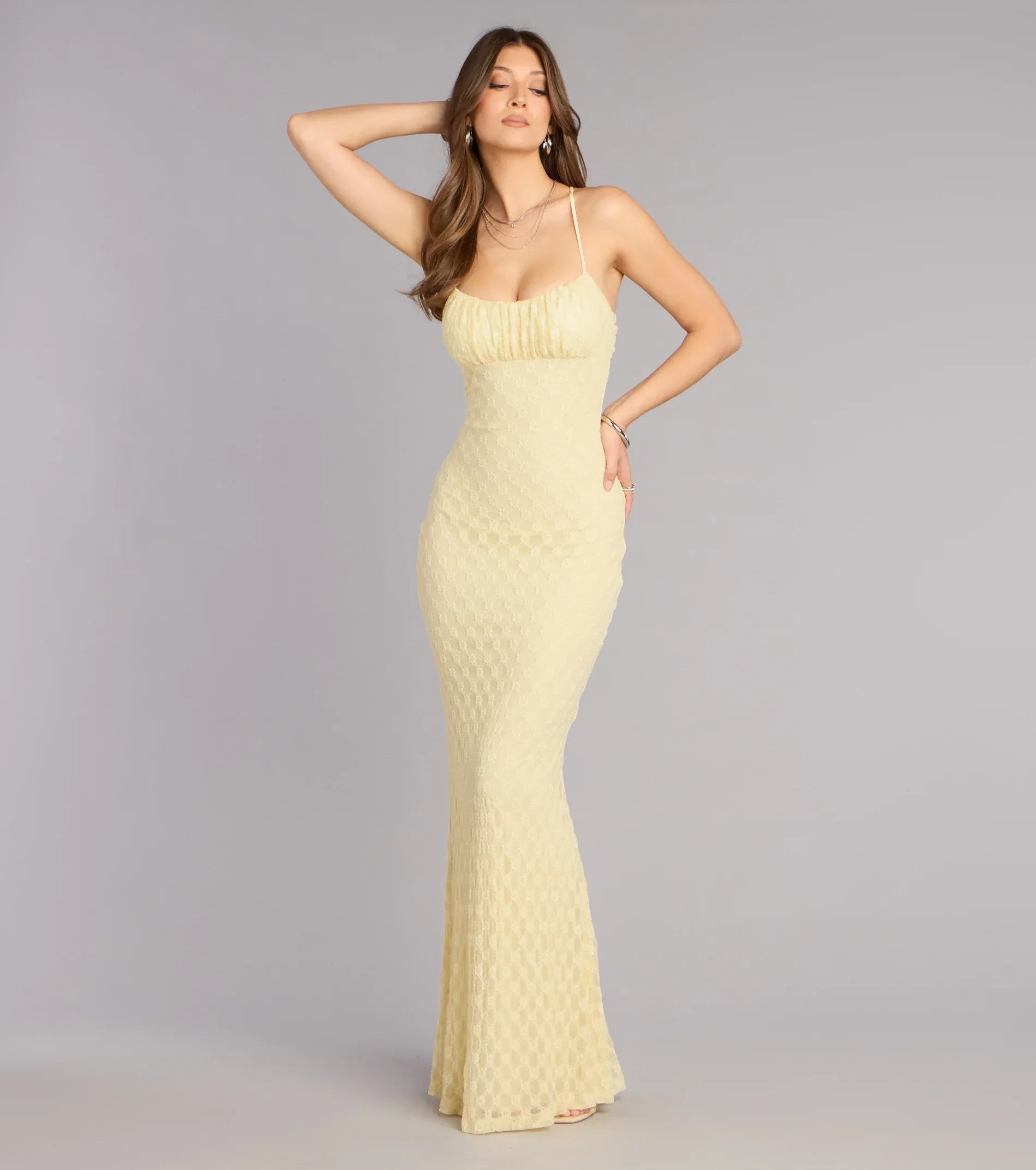 Feminine Mermaid Spaghetti Strap Sleeveless Lace Ruched Formal Evening Dress