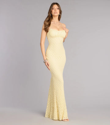Spaghetti strap mermaid evening dress with ruched bust, fitted lace bodice, and floor-length skirt