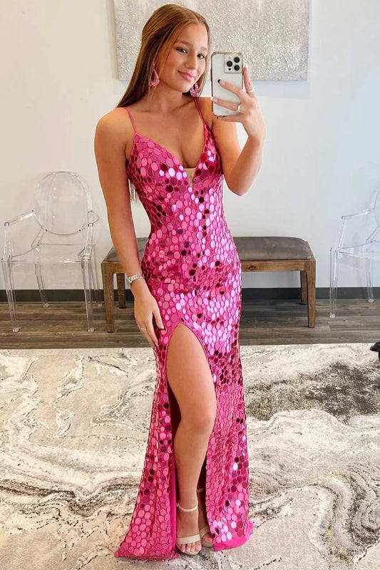 Mermaid V-Neck Spaghetti Strap Sequin Prom Dress Side Slit Formal Gown