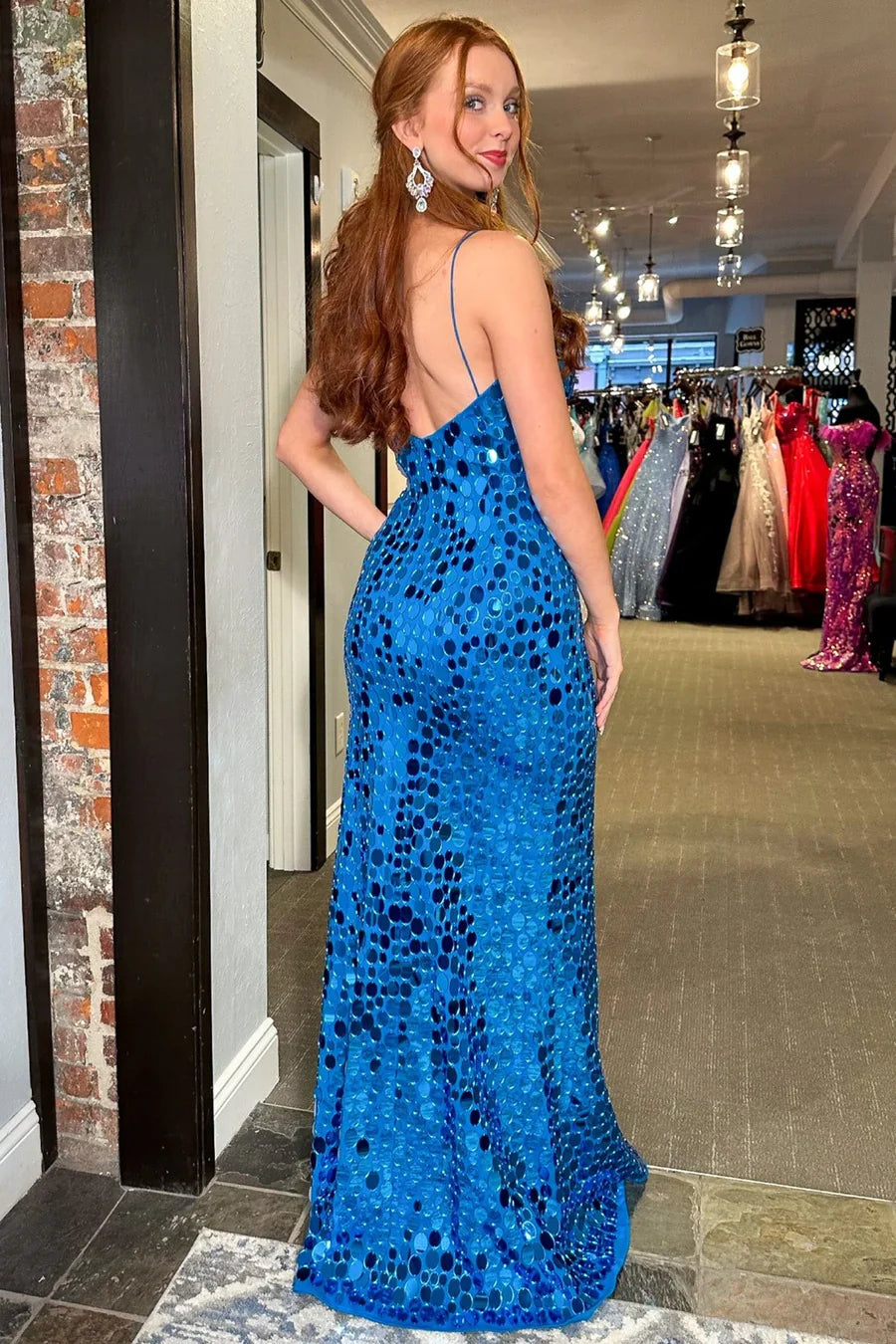 Mermaid V-Neck Spaghetti Strap Sequin Prom Dress Side Slit Formal Gown