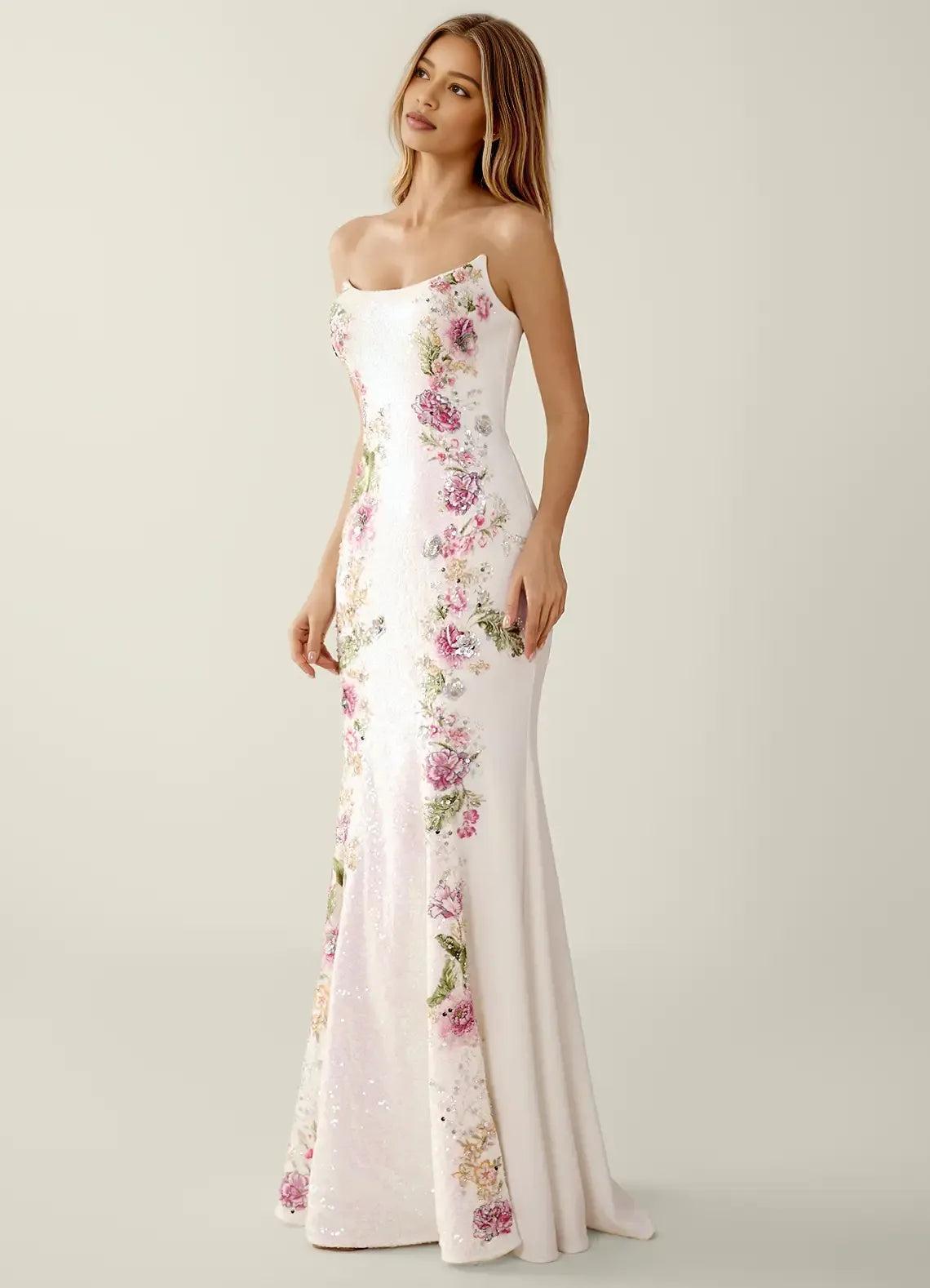 Elegante vestido largo de fiesta estilo sirena con tirantes finos, lentejuelas y bordado floral