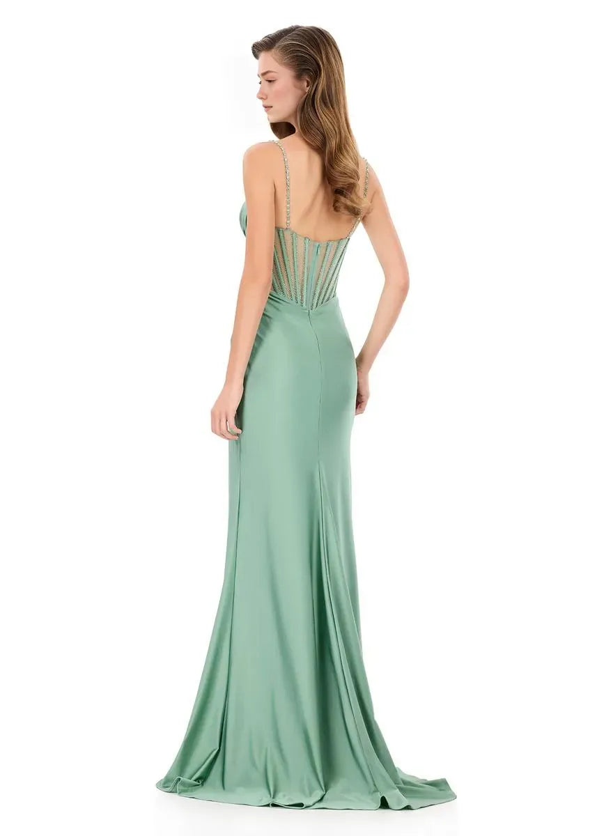 Mermaid Spaghetti Strap Satin Long Beaded Corset Evening Gown With Hight Slit