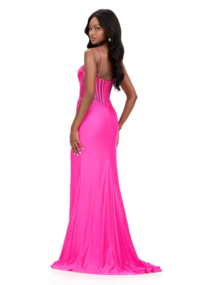 Mermaid Spaghetti Strap Satin Long Beaded Corset Evening Gown With Hight Slit