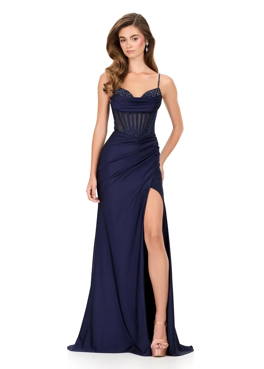 Mermaid Spaghetti Strap Satin Long Beaded Corset Evening Gown With Hight Slit