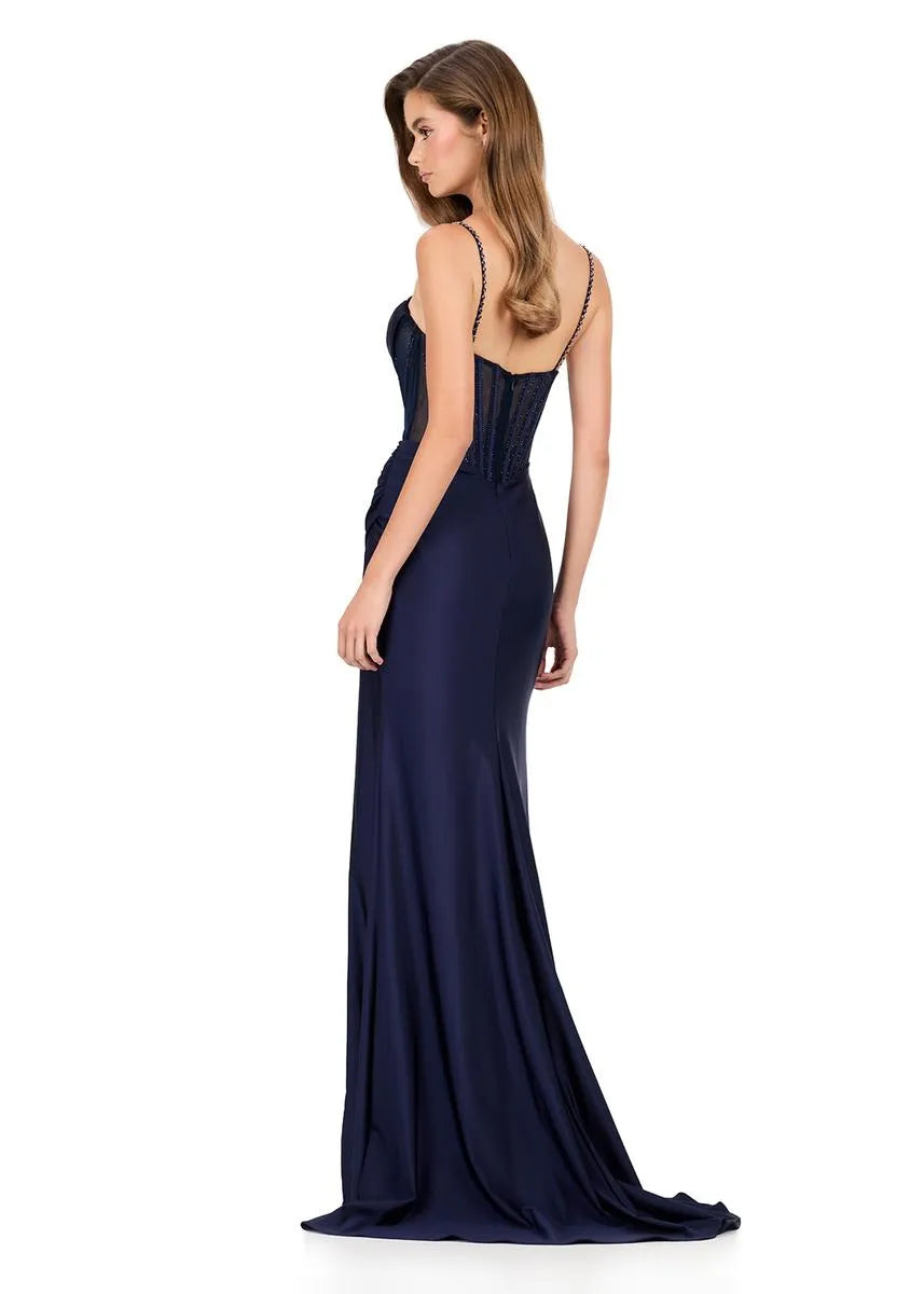 Mermaid Spaghetti Strap Satin Long Beaded Corset Evening Gown With Hight Slit