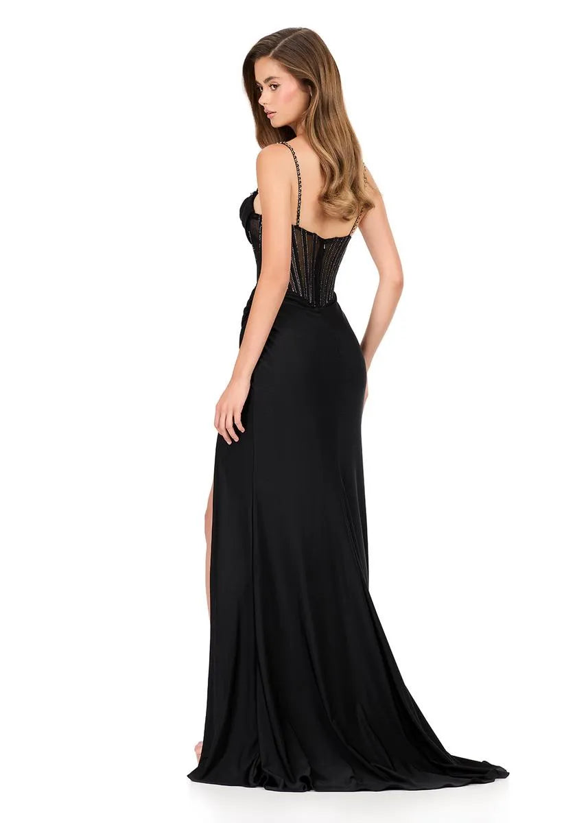 Mermaid Spaghetti Strap Satin Long Beaded Corset Evening Gown With Hight Slit