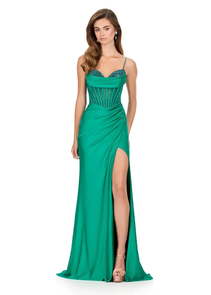 Mermaid Spaghetti Strap Satin Long Beaded Corset Evening Gown With Hight Slit