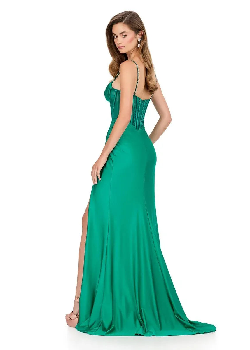 Mermaid Spaghetti Strap Satin Long Beaded Corset Evening Gown With Hight Slit