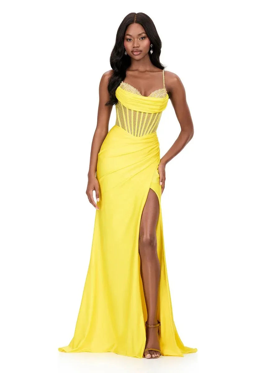 Mermaid Spaghetti Strap Satin Long Beaded Corset Evening Gown With Hight Slit