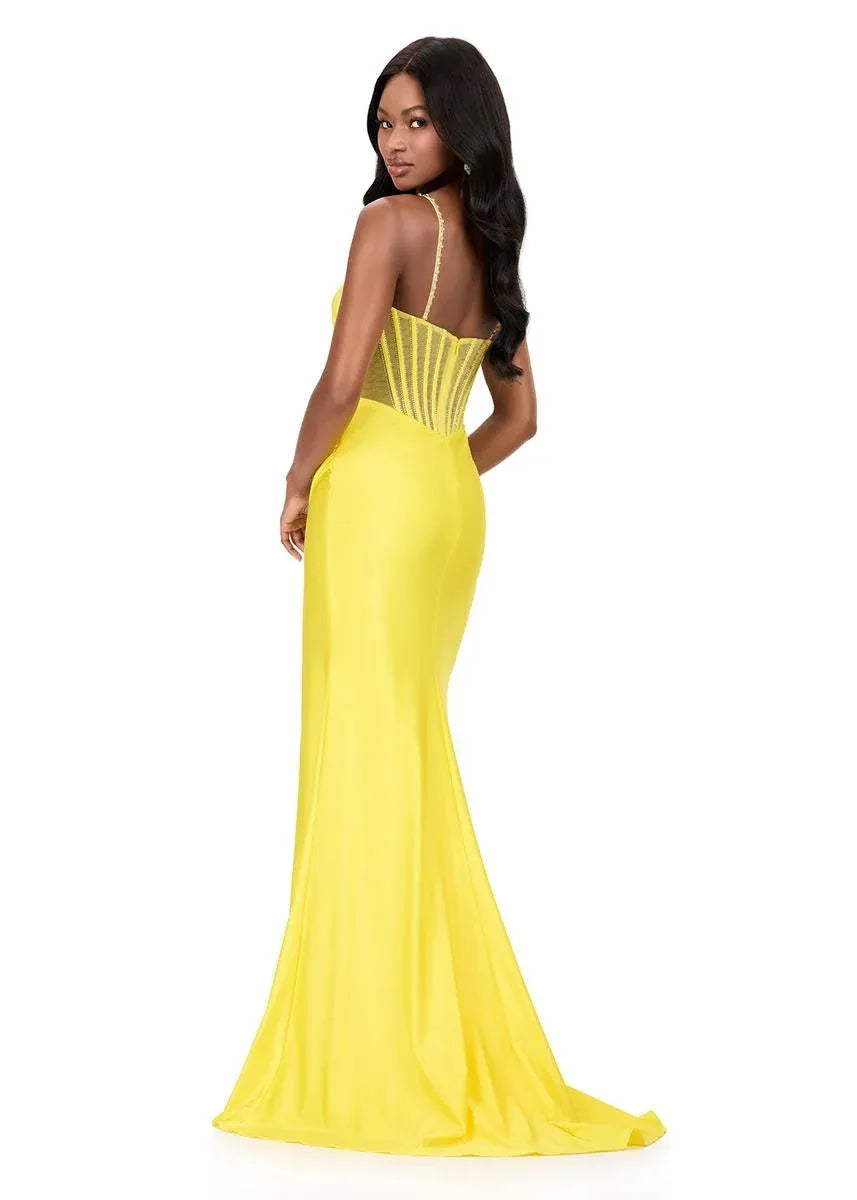 Mermaid Spaghetti Strap Satin Long Beaded Corset Evening Gown With Hight Slit