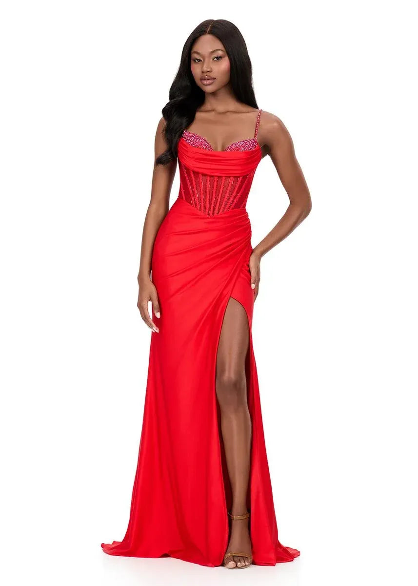 Mermaid Spaghetti Strap Satin Long Beaded Corset Evening Gown With Hight Slit