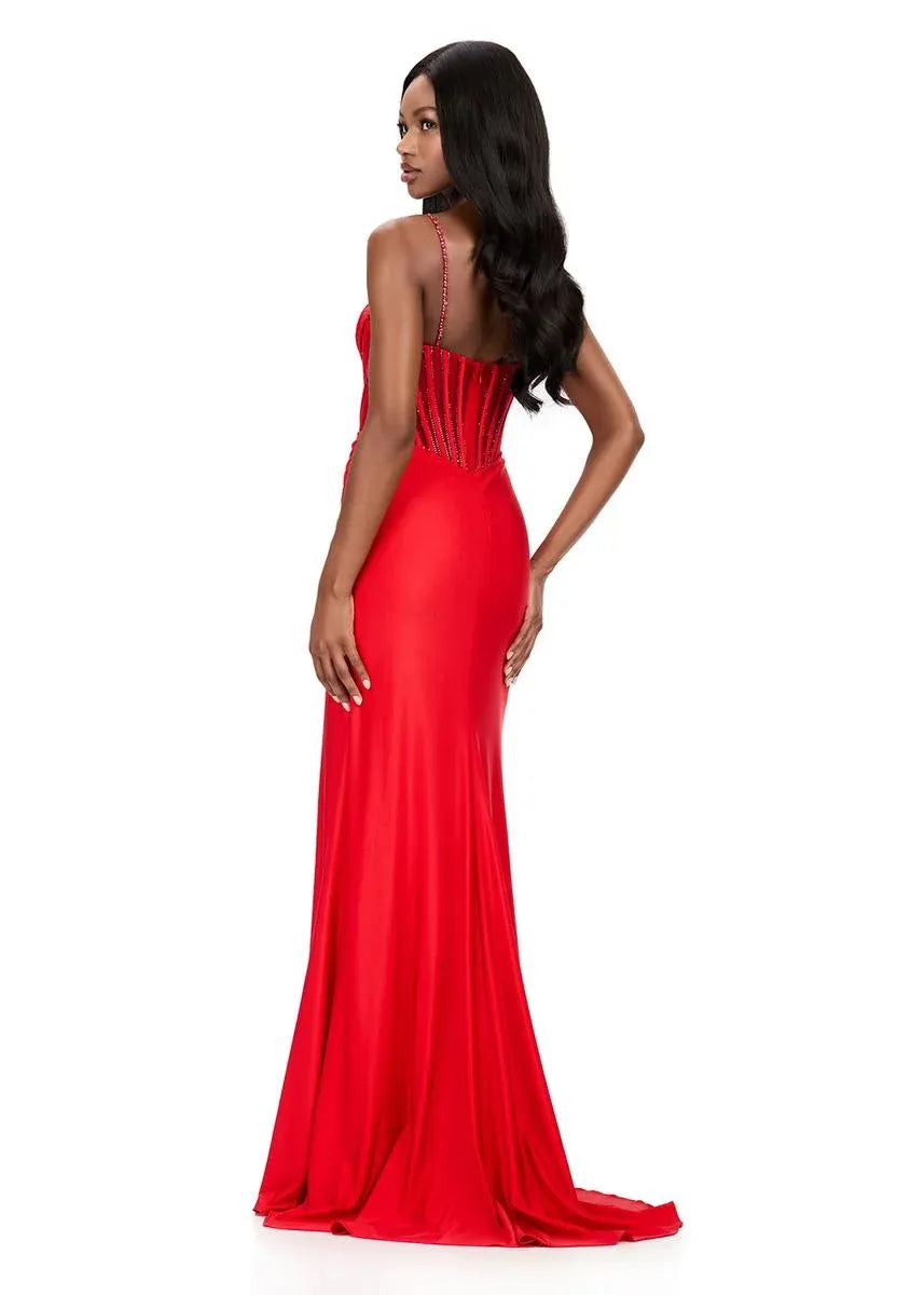 Mermaid Spaghetti Strap Satin Long Beaded Corset Evening Gown With Hight Slit