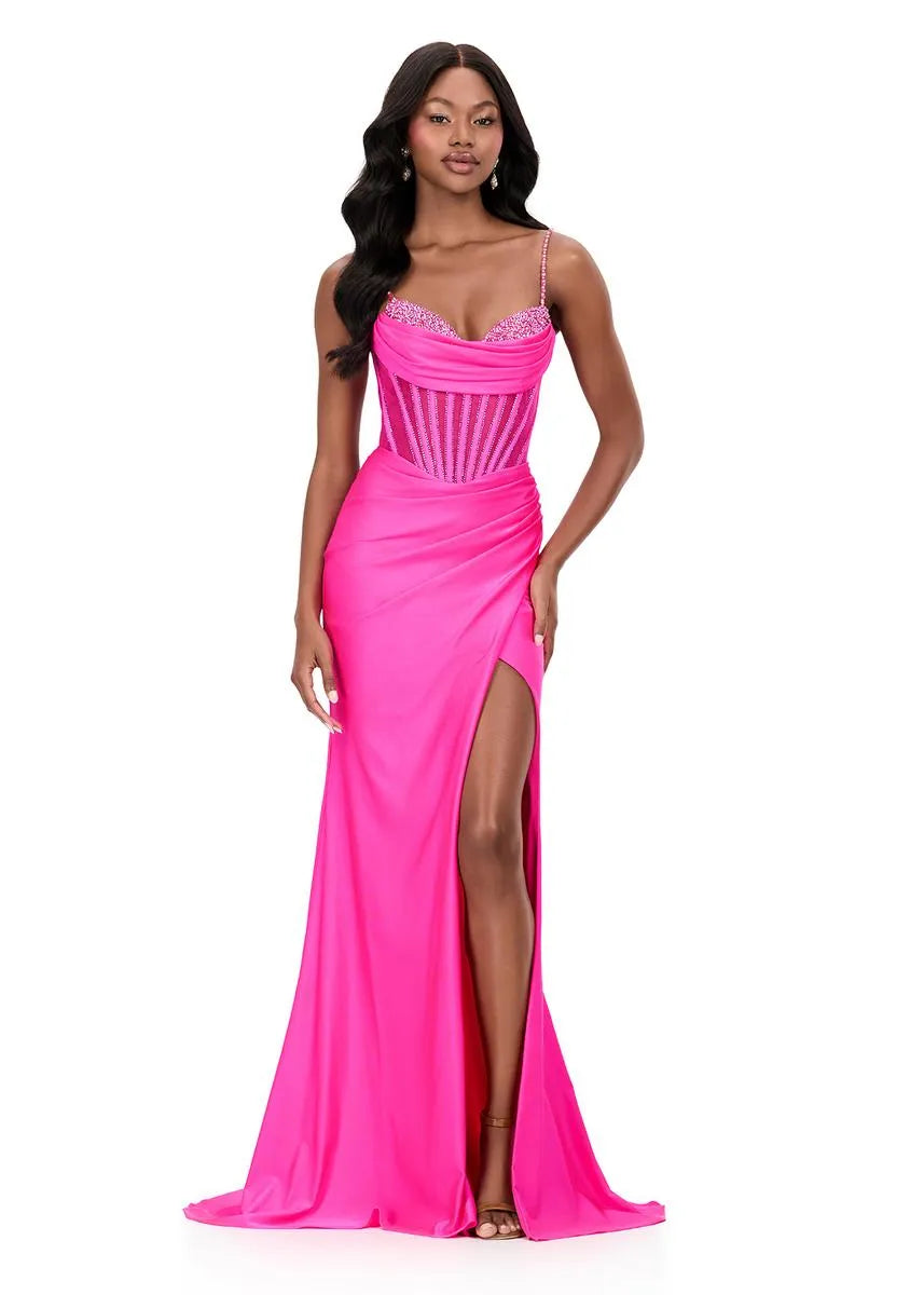 Mermaid Spaghetti Strap Satin Long Beaded Corset Evening Gown With Hight Slit