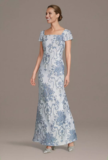 Mermaid Square Neck Brocade Mother of the Bride Dress Short Sleeve Evening Gown