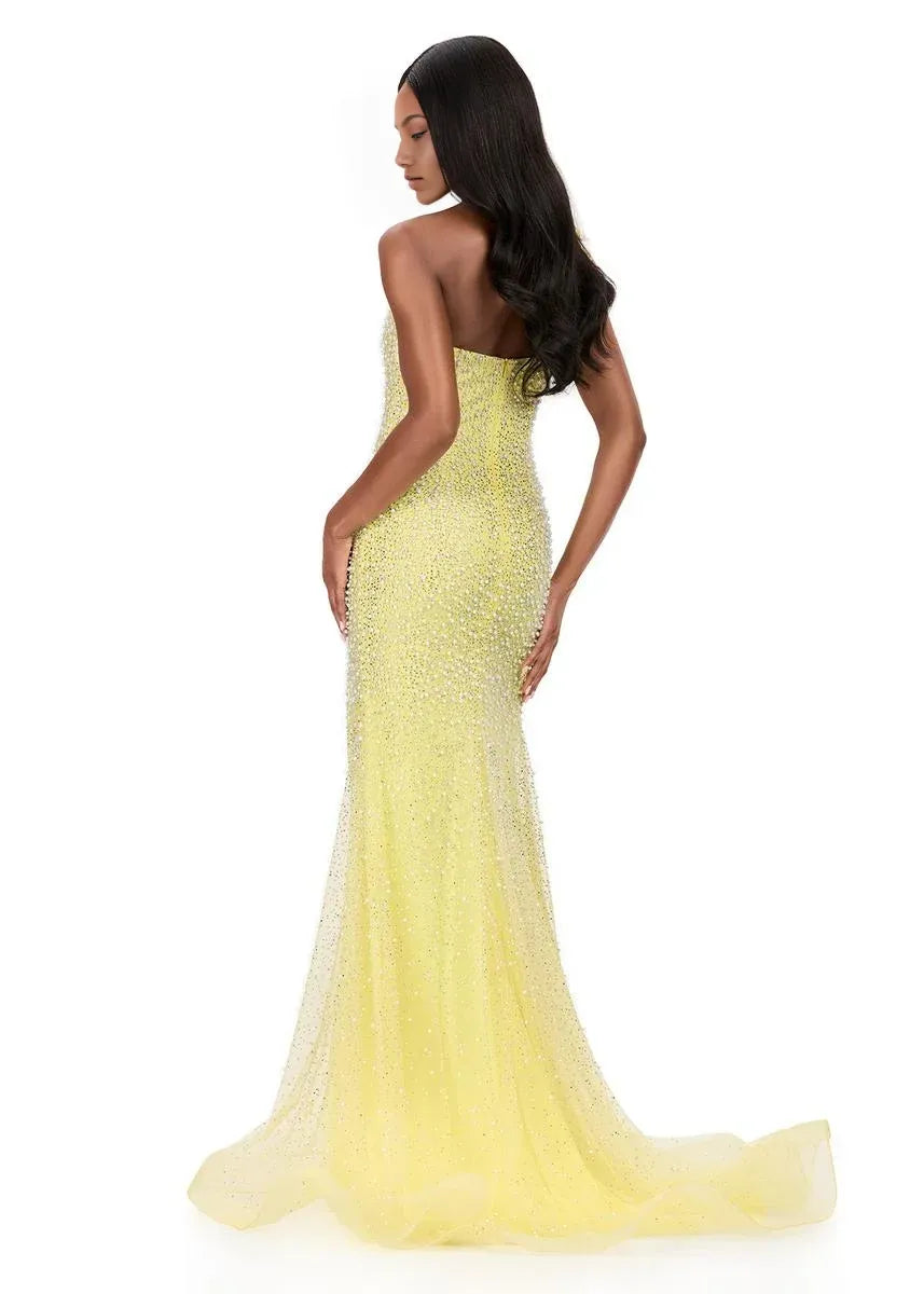 Vestido de Noche de Fiesta Largo con Escote Cuadrado, Tul, Cuentas, Lazo y Abertura - Sirena Glamurosa