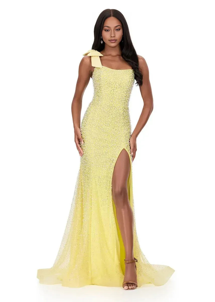 Vestido de Noche de Fiesta Largo con Escote Cuadrado, Tul, Cuentas, Lazo y Abertura - Sirena Glamurosa