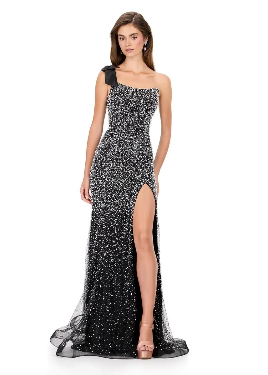 Vestido de Noche de Fiesta Largo con Escote Cuadrado, Tul, Cuentas, Lazo y Abertura - Sirena Glamurosa